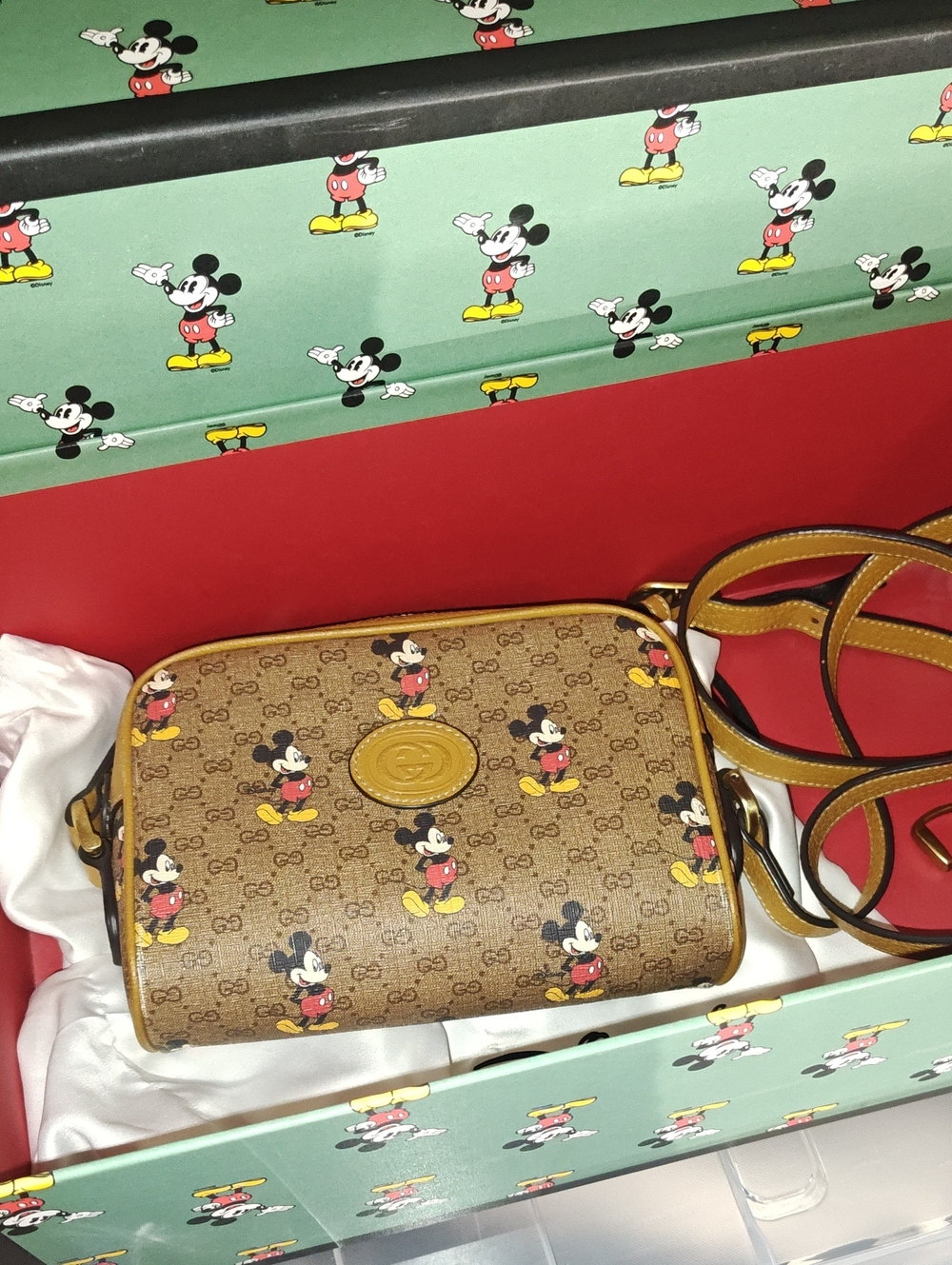 Guccix Disney Mickey Mouse GG Supreme Coated Canvas Crossbody Bag Brown